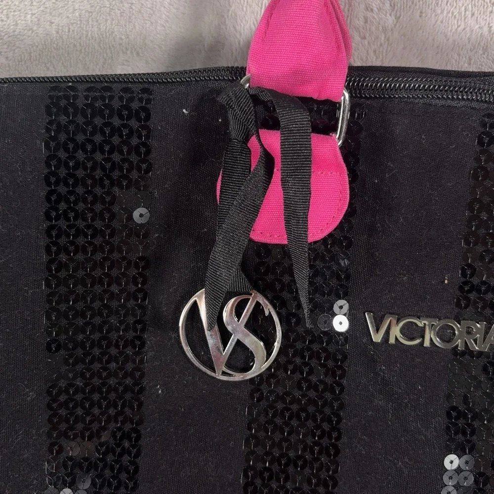Victoria's Secret Tote Bag Womens Large Black Pink Sequin Weekender Travel Beach